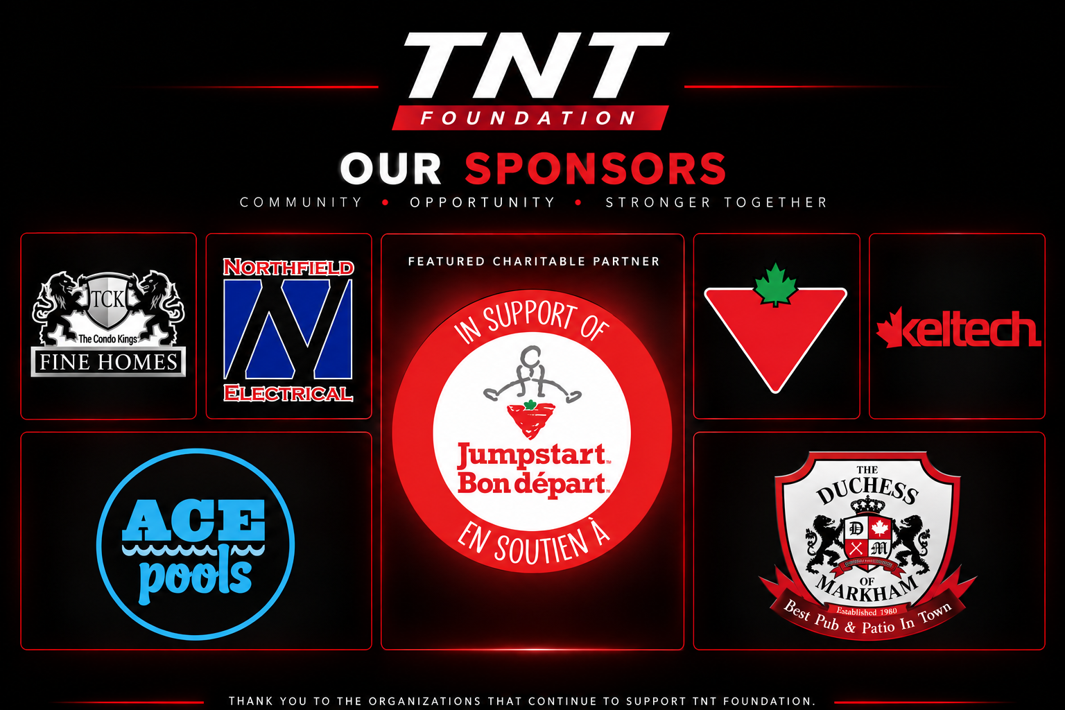 TNT Foundation sponsor showcase with Jumpstart, TCK Fine Homes, Northfield Electrical, Ace Pools, Canadian Tire, Keltech and Duchess of Markham
